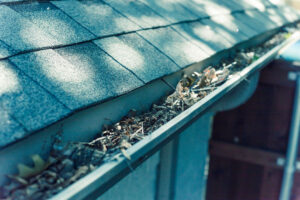 Vintage tone gutter near roof shingles of residential house full of dried leaves and dirty need to clean-up. Gutter cleaning and home maintenance concept