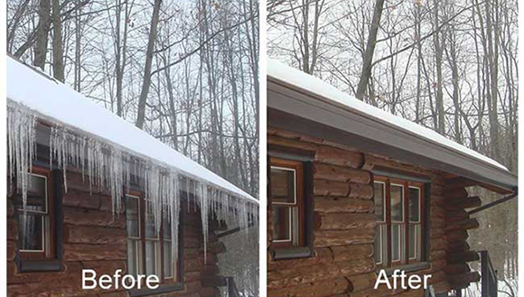 Before and after photos of a cabin roof edge: heavy icicles before Helmet Heat, and a clear ice-free edge after