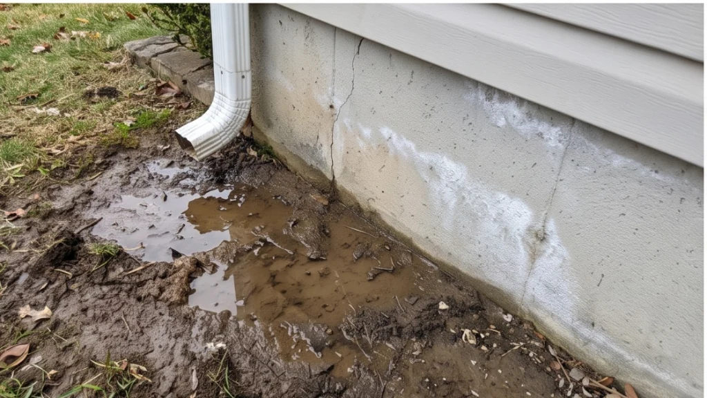 Eroded soil and standing water along a foundation wall below a downspout