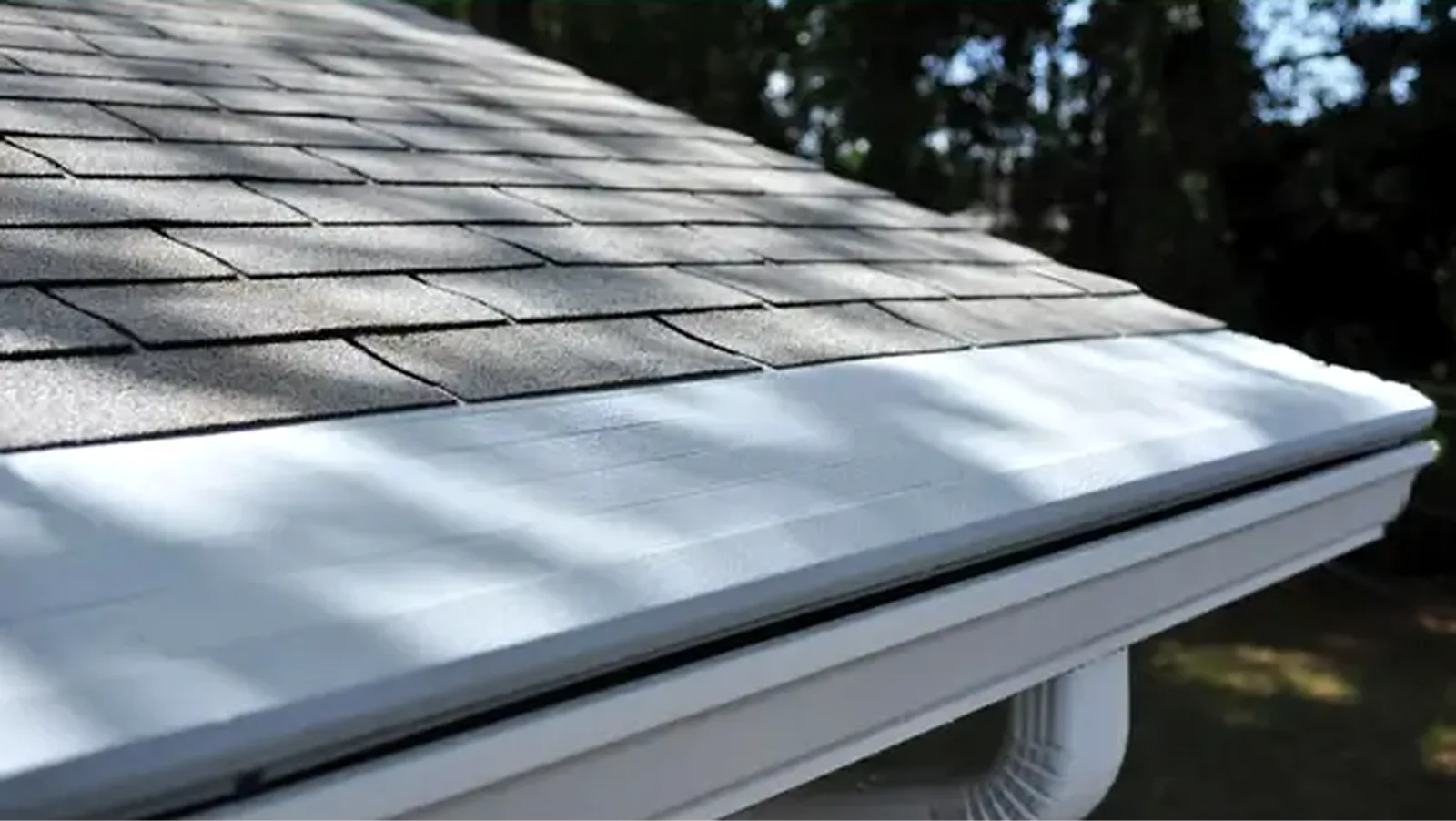 Gutter Helmet cover installed along a white gutter and shingle roof edge