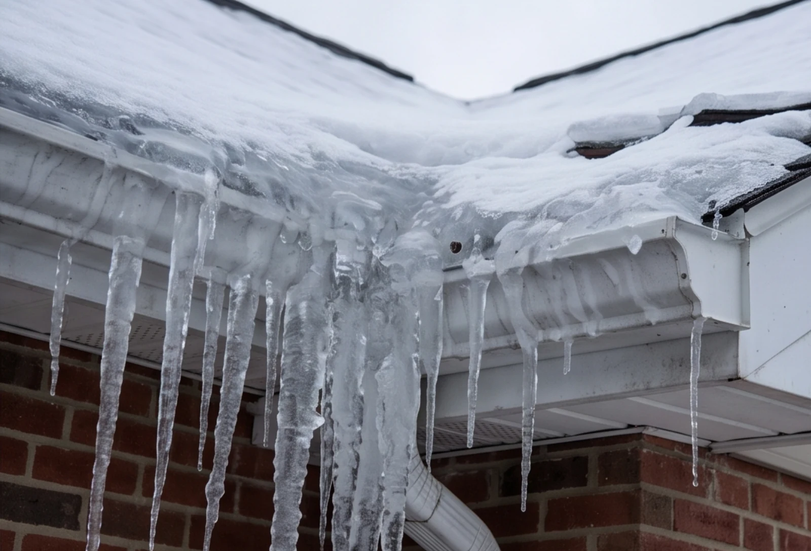 Heavy icicles hanging from a snow-covered gutter on a brick home