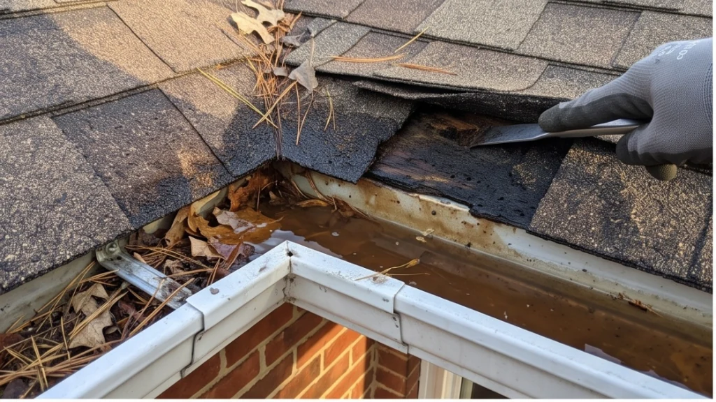 Rotted roof decking and fascia board exposed behind a failed gutter