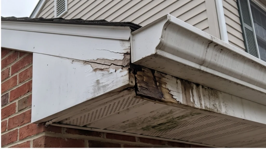 Water-damaged soffit and trim at the corner of a brick house